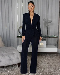 Mecka Midnight Blue Shimmer Deep V-Neck Jumpsuit
