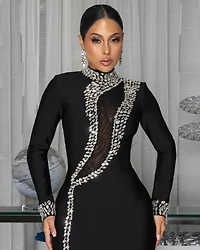 Kairita Black Rhinestones Maxi Bandage Dress