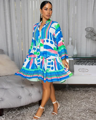 Dorisse Blue Green Multi-Color Print Shirt Dress
