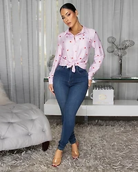 LovelyLight Pink Red Hearts Embroidery Blouse
