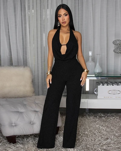 Lena Black Shimmer Backless Jumpsuit