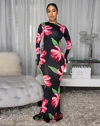 Sylune Black Green Floral Print Mermaid Maxi Dress