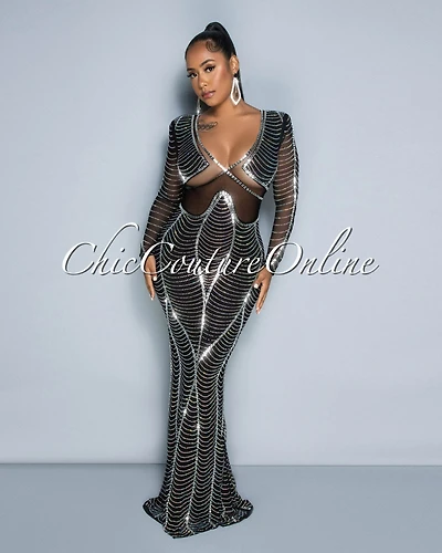 *Marita Black Mesh Rhinestones Sheer Accent Maxi Dress
