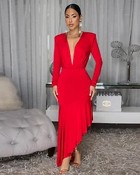 Fallon Red Hi-Lo Midi Ruffle Hem Dress