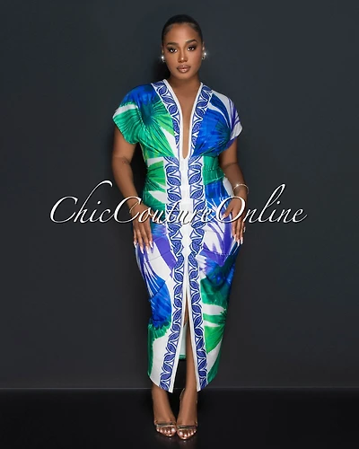 Kai Blue Purple Print Deep V Neck Draped Maxi Dress