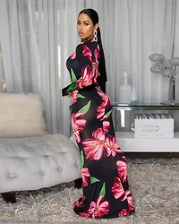 Sylune Black Green Floral Print Mermaid Maxi Dress