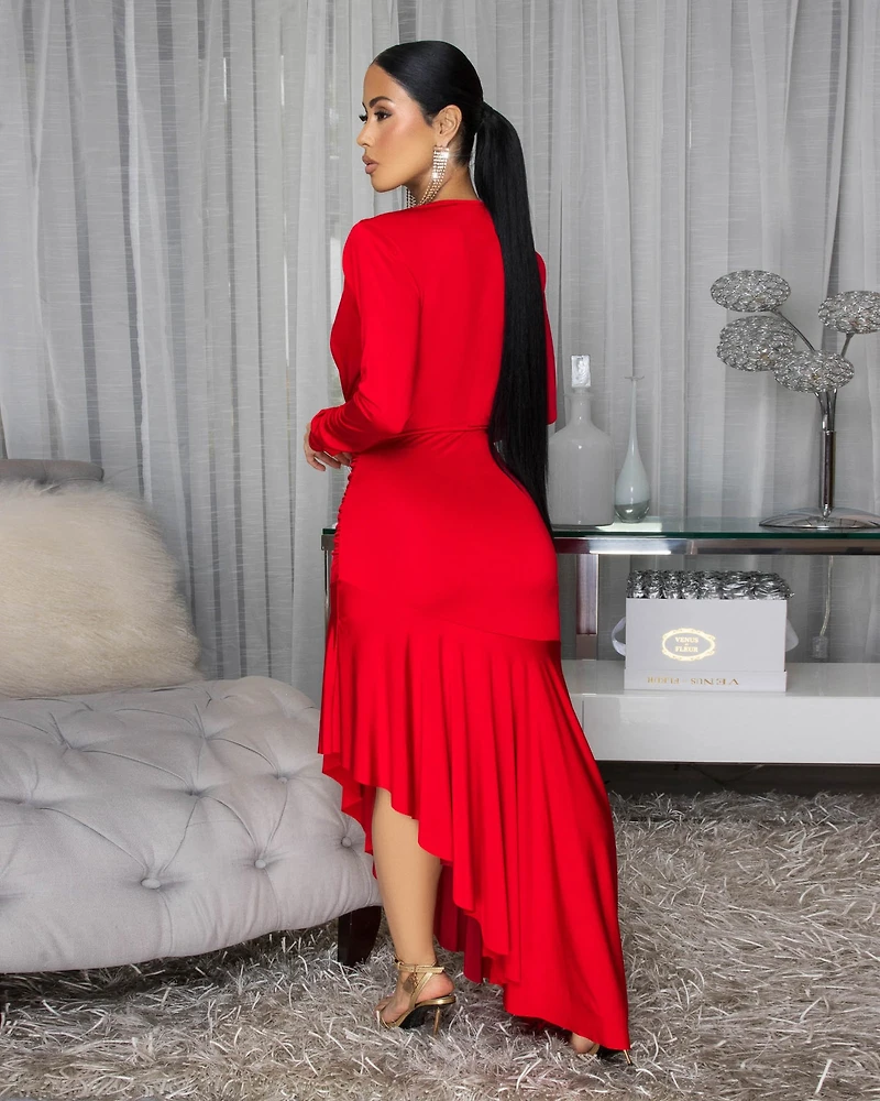 Fallon Red Hi-Lo Midi Ruffle Hem Dress