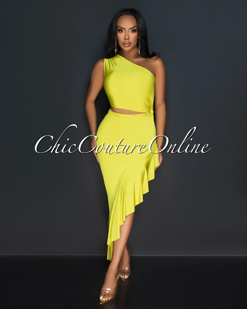 *Nilia Lime Cut-Out Hi-Lo Ruffle Hem Maxi Dress