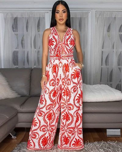 Guilia Red White Print Tie Front Jumpsuit