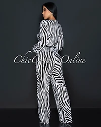 Jalia Black White Zebra Print Deep V-Neck Jumpsuit