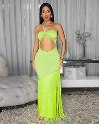 Manae Lime Key-Hole Fringe Maxi Dress