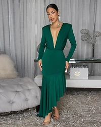 Fallon Green Hi-Lo Midi Ruffle Hem Dress