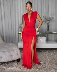 Ottalie Deep V-Neck Leg Slit Maxi Dress