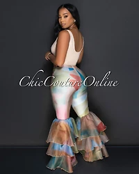 *Dafine Pink Nude Ruffle Flared Leggings