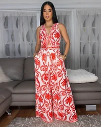 Guilia Red White Print Tie Front Jumpsuit