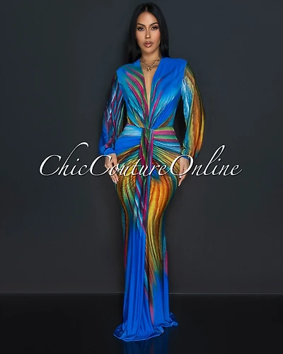 Ayana Blue Peacock Long Sleeves Deep V-Neck Maxi Dress