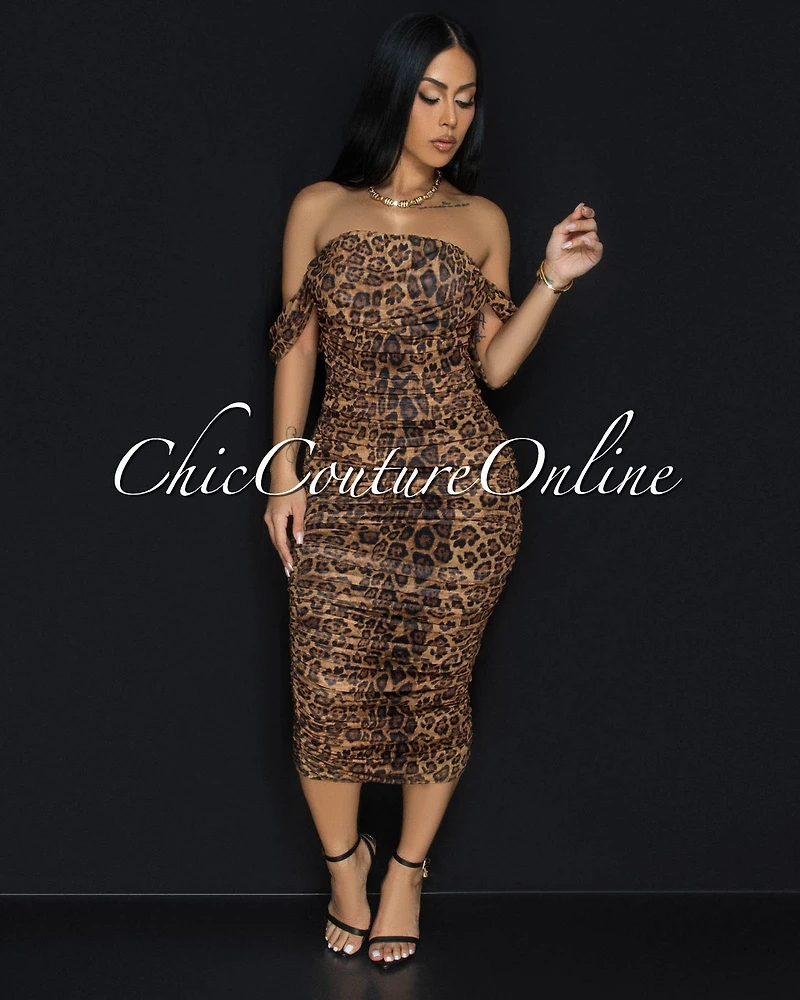 Altman Leopard Print Mesh Overlay Ruched Off-The Shoulder Dress