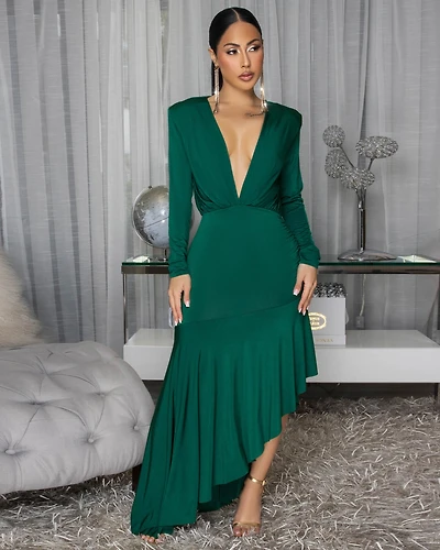 Fallon Green Hi-Lo Midi Ruffle Hem Dress