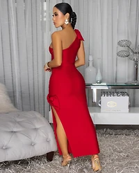 Tanin Red Single Shoulder Bow Accent Bandage Dress