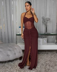Indianna Chocolate Brown Mesh Halter Maxi Dress