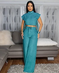 Bellucci Teal Linen Two Piece Pants Set