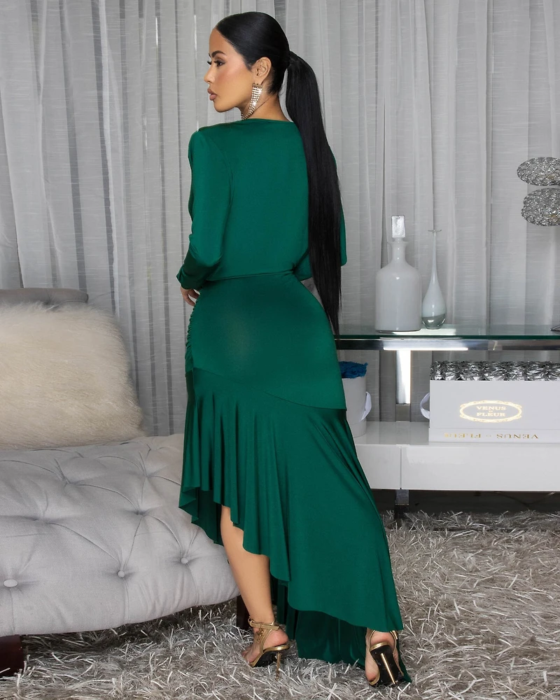 Fallon Green Hi-Lo Midi Ruffle Hem Dress