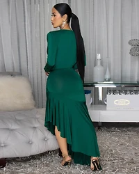 Fallon Green Hi-Lo Midi Ruffle Hem Dress