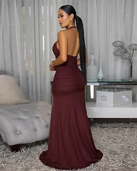 Indianna Chocolate Brown Mesh Halter Maxi Dress