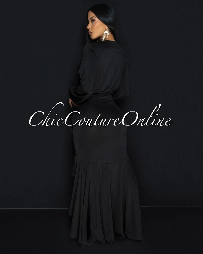 Florette Black Ruffle Maxi Dress