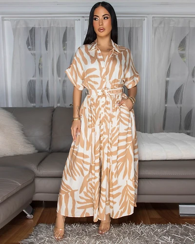 Dallas Nude Cream Print Belted Midi Dress