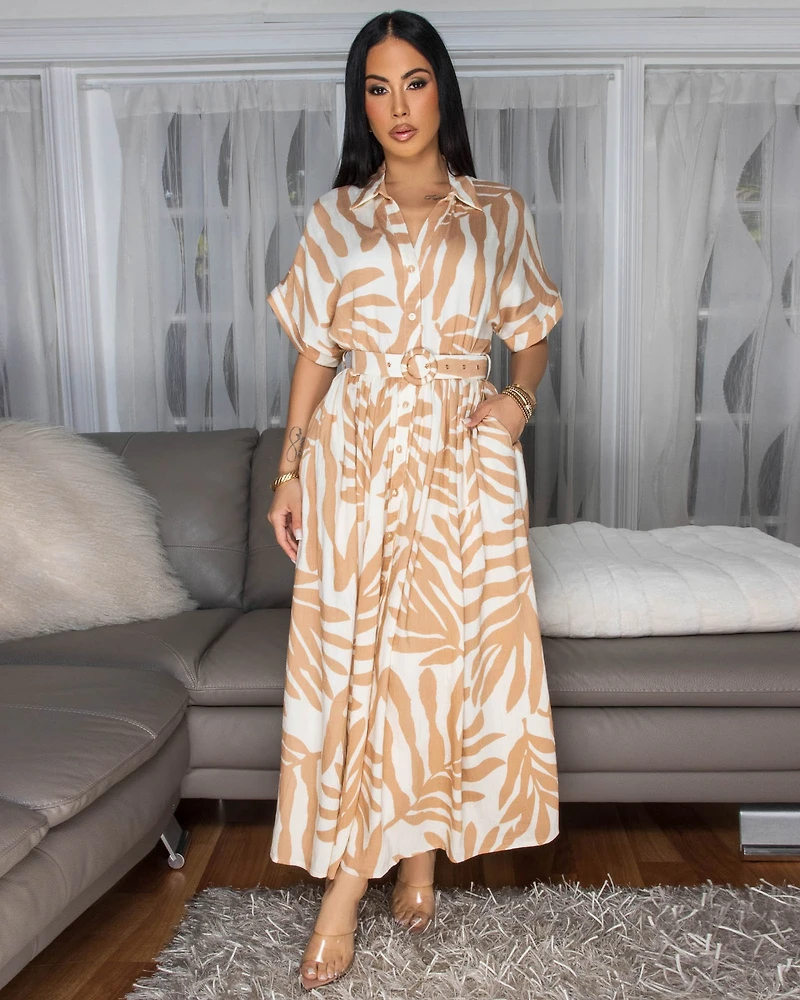 Dallas Nude Cream Print Belted Midi Dress
