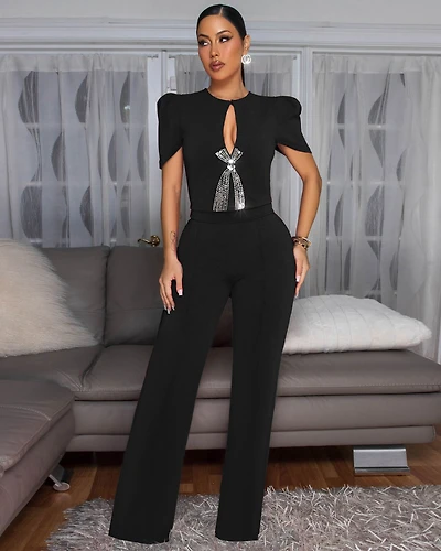 Eleonor Black Rhinestones Accent Top & Pants Set