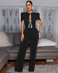 Eleonor Black Rhinestones Accent Top & Pants Set
