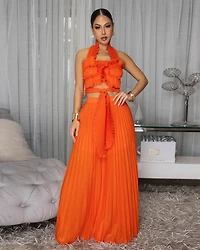 Miabelle Orange Pleated LUXE Crop Top & Pants Set
