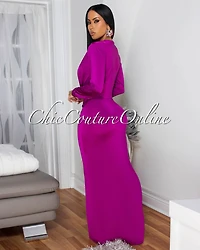 Shelley Magenta Long Sleeves Deep V-Neck Maxi Dress