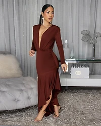 Fallon Chocolate Brown Hi-Lo Midi Ruffle Hem Dress