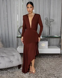 Fallon Chocolate Brown Hi-Lo Midi Ruffle Hem Dress