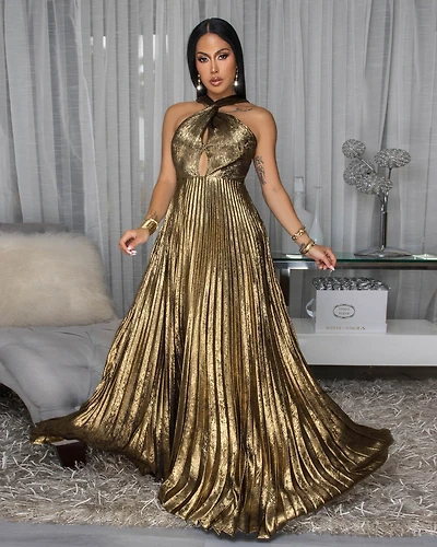 Yasira Gold Black Pleated Maxi Dress