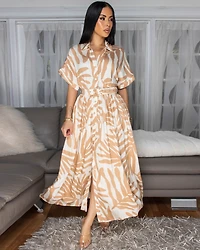 Dallas Nude Cream Print Belted Midi Dress
