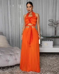 Miabelle Orange Pleated LUXE Crop Top & Pants Set