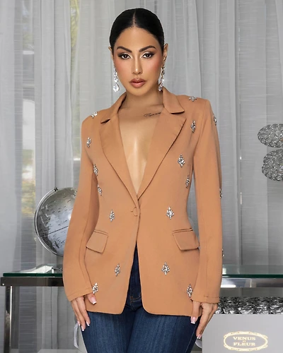Luella Mocha Rhinestones Decor Long Blazer