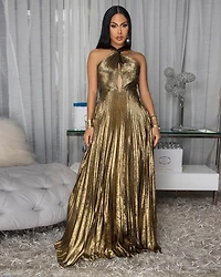 Yasira Gold Black Pleated Maxi Dress