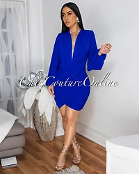 *Stephen Royal-Blue Deep-V Mesh Ruched Dress