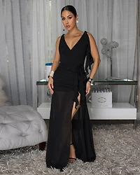 Abiankah Black Ruffle Slit Maxi Dress