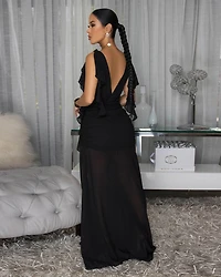 Abiankah Black Ruffle Slit Maxi Dress