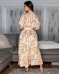Dallas Nude Cream Print Belted Midi Dress