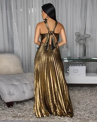 Yasira Gold Black Pleated Maxi Dress
