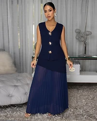 Olyssia Navy-Blue Top & Pleated Maxi Skirt Set