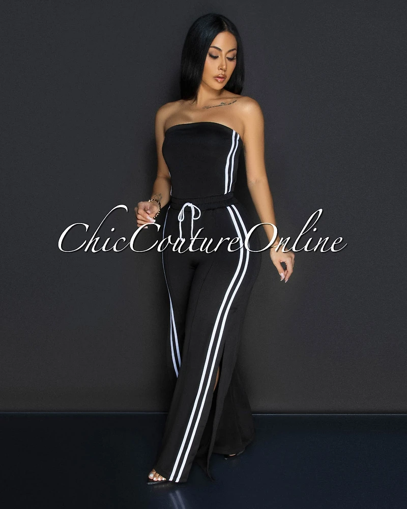 Gabbi Black White Stripes Sporty Strapless Jumpsuit