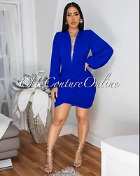 *Stephen Royal-Blue Deep-V Mesh Ruched Dress